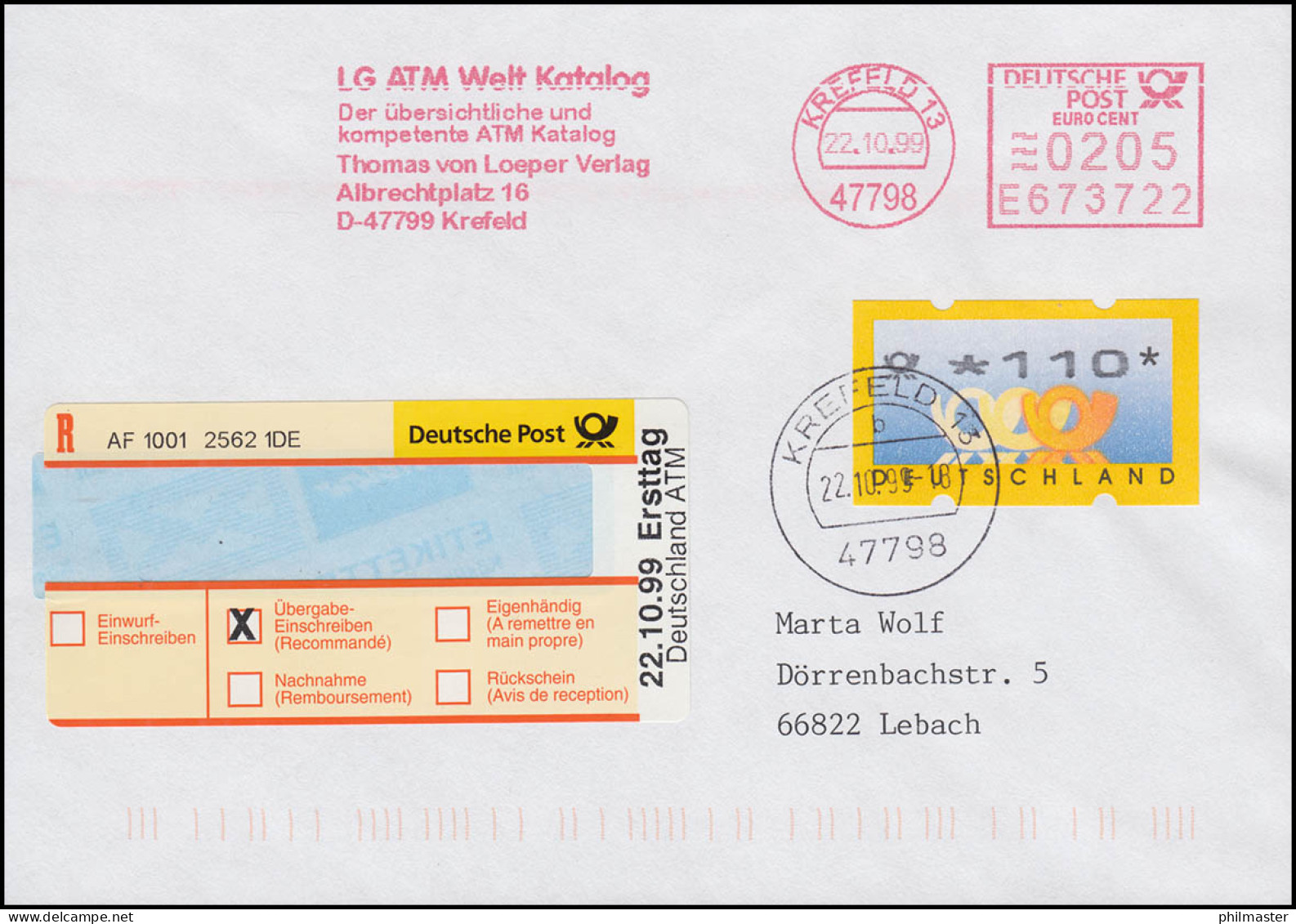 Sonder-R-Zettel 22.10.99 ATM-Ersttag R-FDC Mit 3.2 ATM 110 +AFS 205 ET-O KREFELD - R- Und V-Zettel