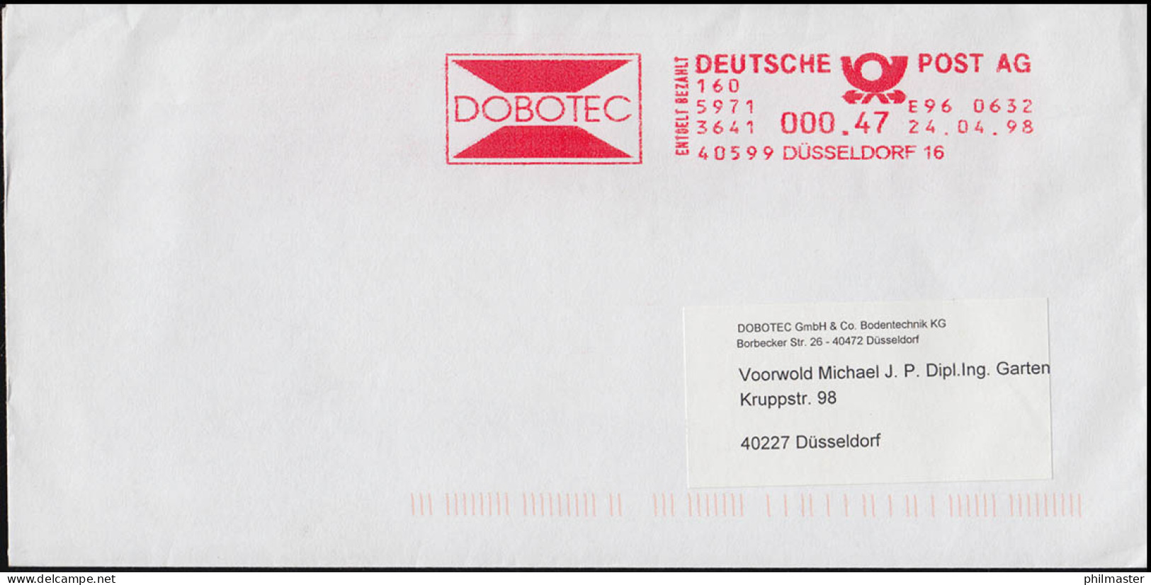 AFS Betriebsversuch EASY MAIL: Infobrief Firma DOBOTEC Düssledorf  24.4.1998 - Automaatzegels [ATM]