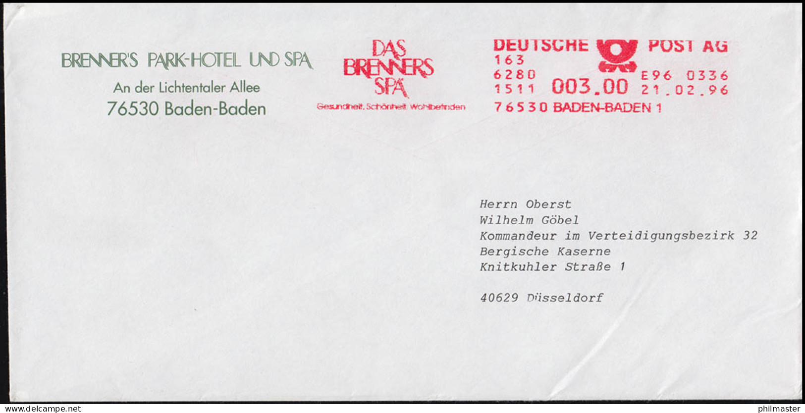 AFS Betriebsversuch EASY MAIL: Brief DAS BRENNERS SPA Baden-Baden 21.2.1996 - Timbres De Distributeurs [ATM]