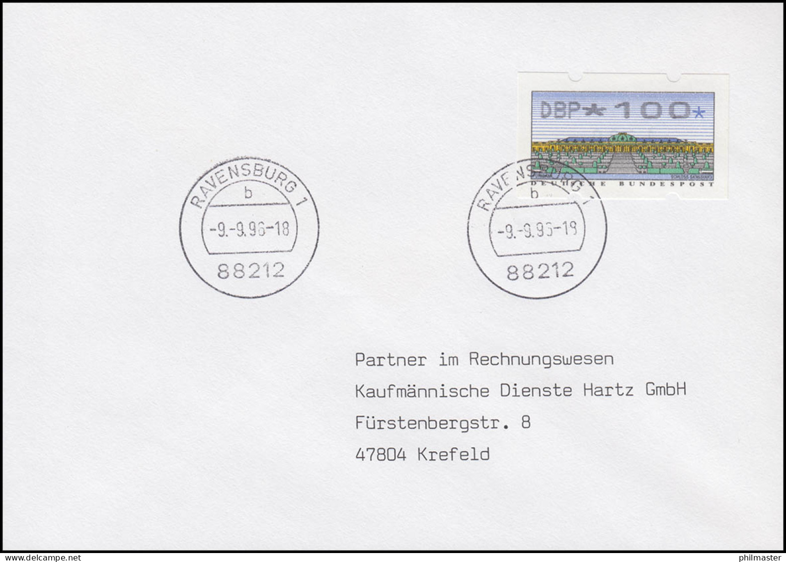 Betriebsversuch ATM Mit Chipkarte Kaufen: 9.9.96 In Ravensburg 1, Ferbrief - Timbres De Distributeurs [ATM]