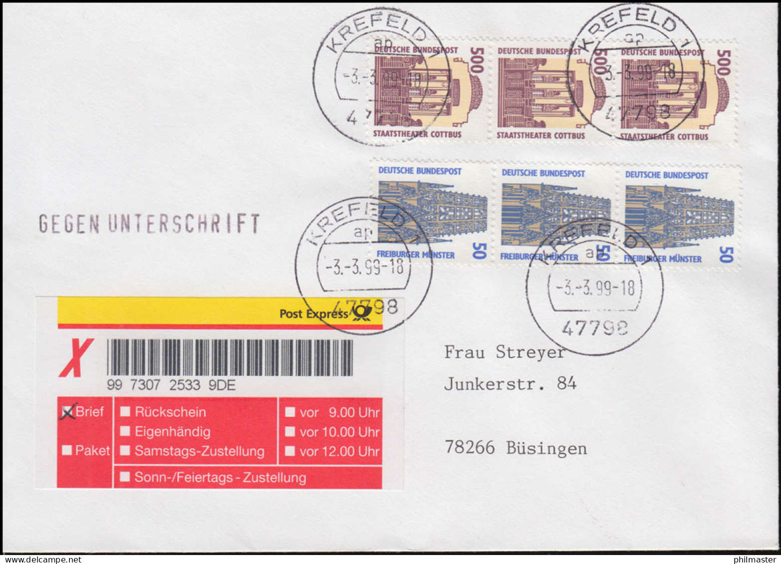 PostExpress Zustellung Gegen Unterschrift Ab 3.3.99: FDC SWK-MiF KREFELD 3.3.99 - R- & V- Labels