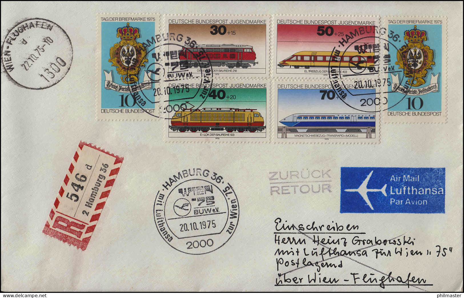 Lufthansa Luftpost R-Brief Zur Wien '75, Hamburg /Wien 20.+ 22.10.1973 - Erst- U. Sonderflugbriefe