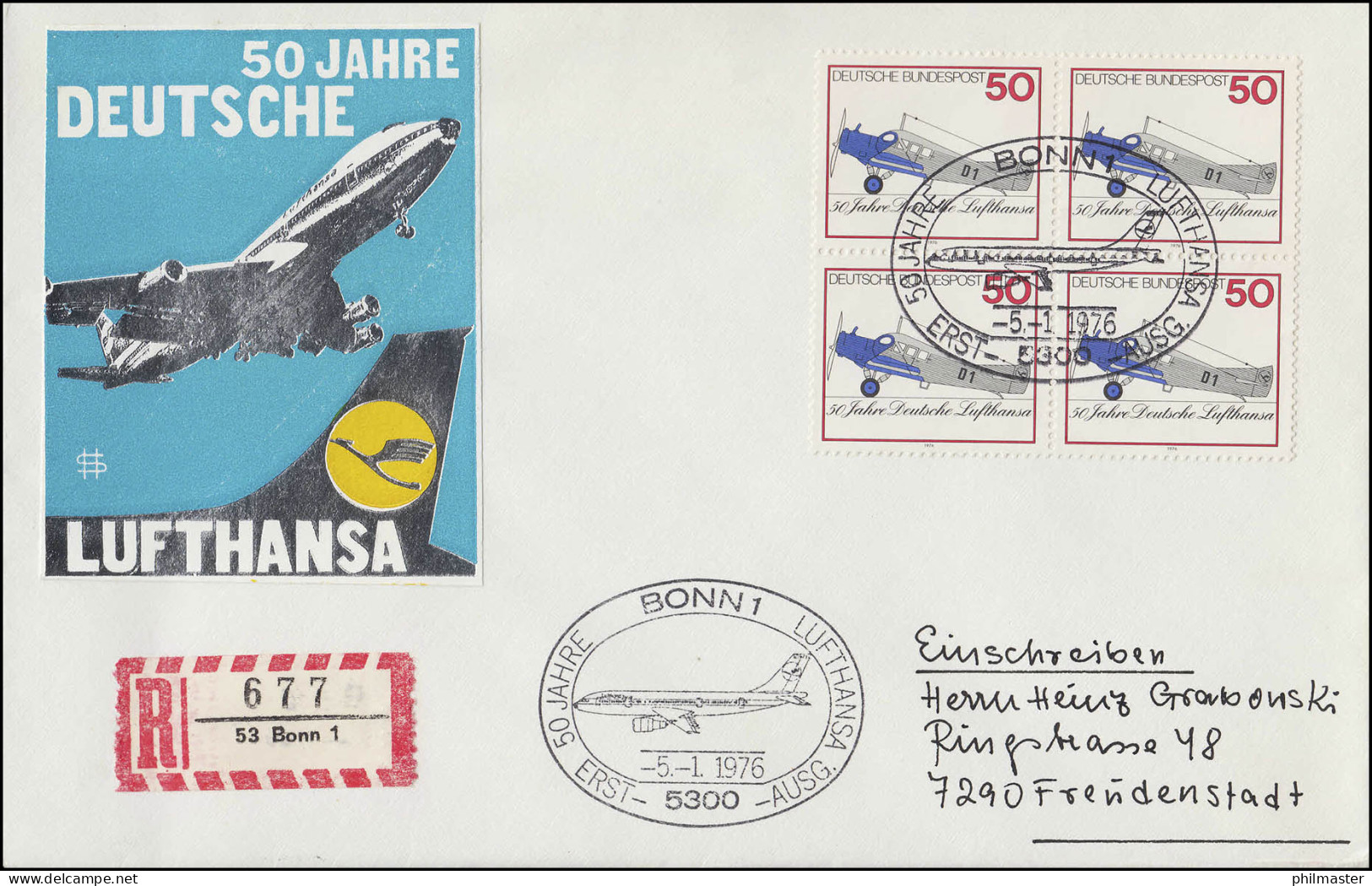 50 Jahre Deutsche Lufthansa R-Brief Erstausgabe Bonn 5.1.1976 - Primi Voli