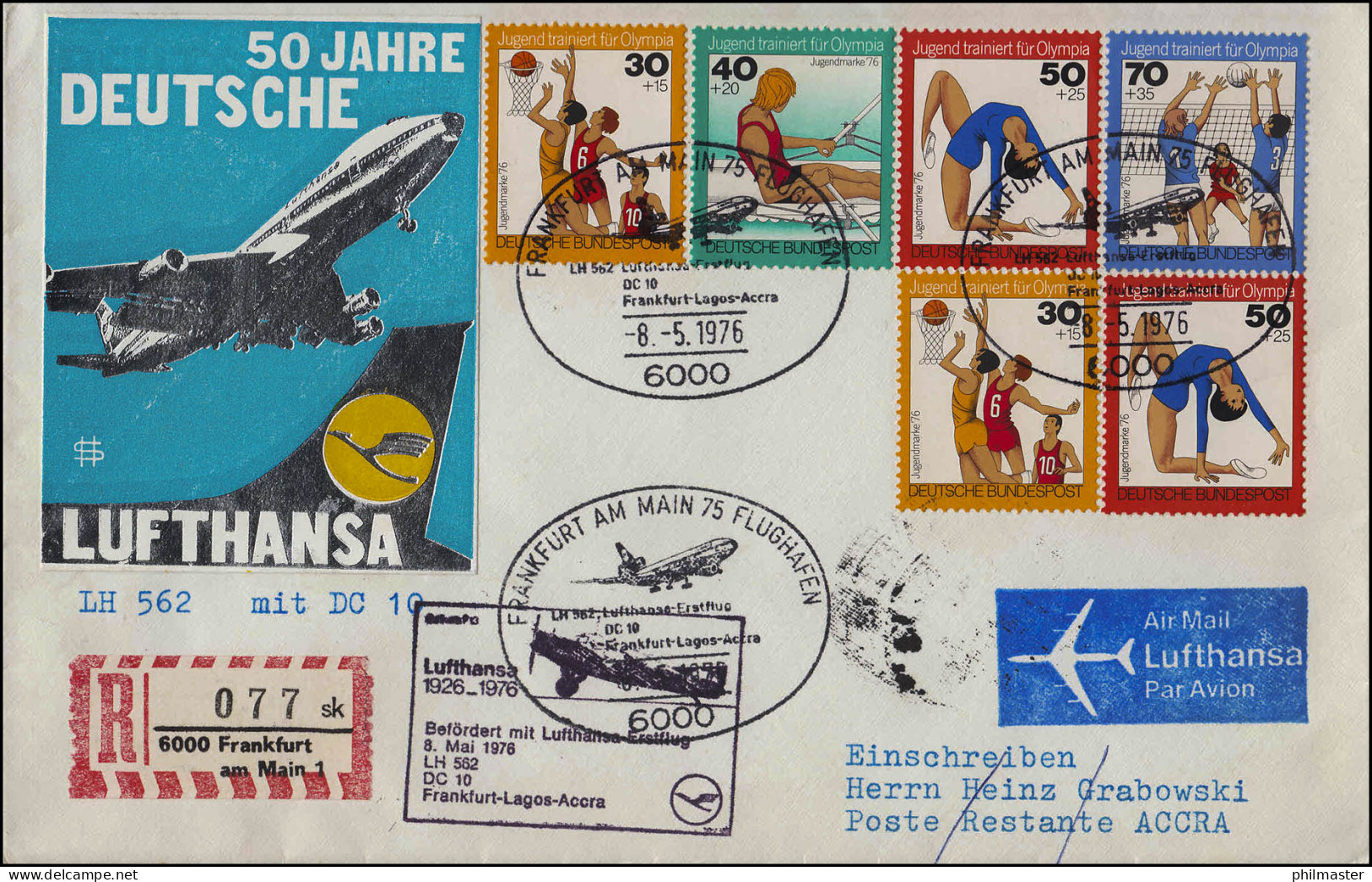 Lufthansa Erstflug R-Brief DC 10 LH 562 Frankfurt Main / Accra 8.5. +10.5.1976 - Premiers Vols