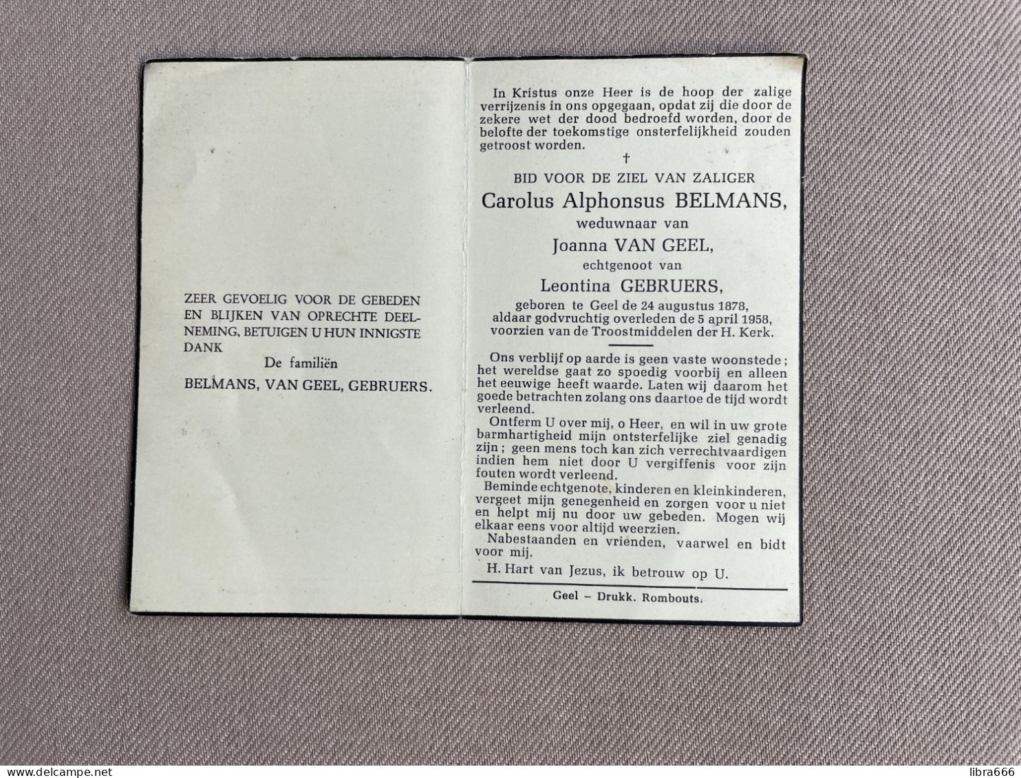 BELMANS Carolus Alphonsus °GEEL 1878 +GEEL 1958 - VAN GEEL - GEBRUERS - Obituary Notices