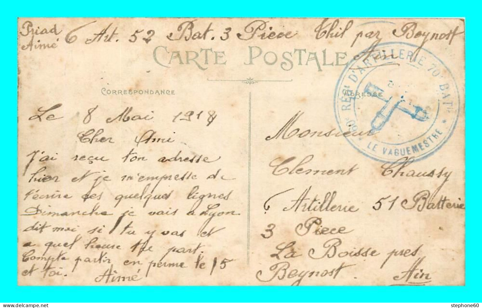 A841 / 039  Le Vaguemestre Regiment D'Artillerie - Cachet Militaire Sur CP LYON - Military Postmarks From 1900 (out Of Wars Periods)
