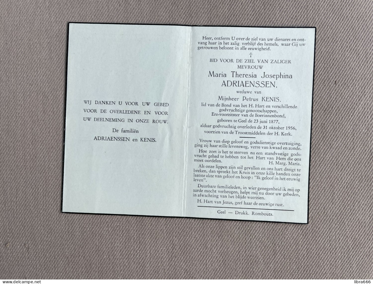 ADRIAENSSEN Maria Theresia Josephina °GEEL 1877 +GEEL 1956 - KENIS - Ere-voorzitster Van De Boerinnenbond - Décès