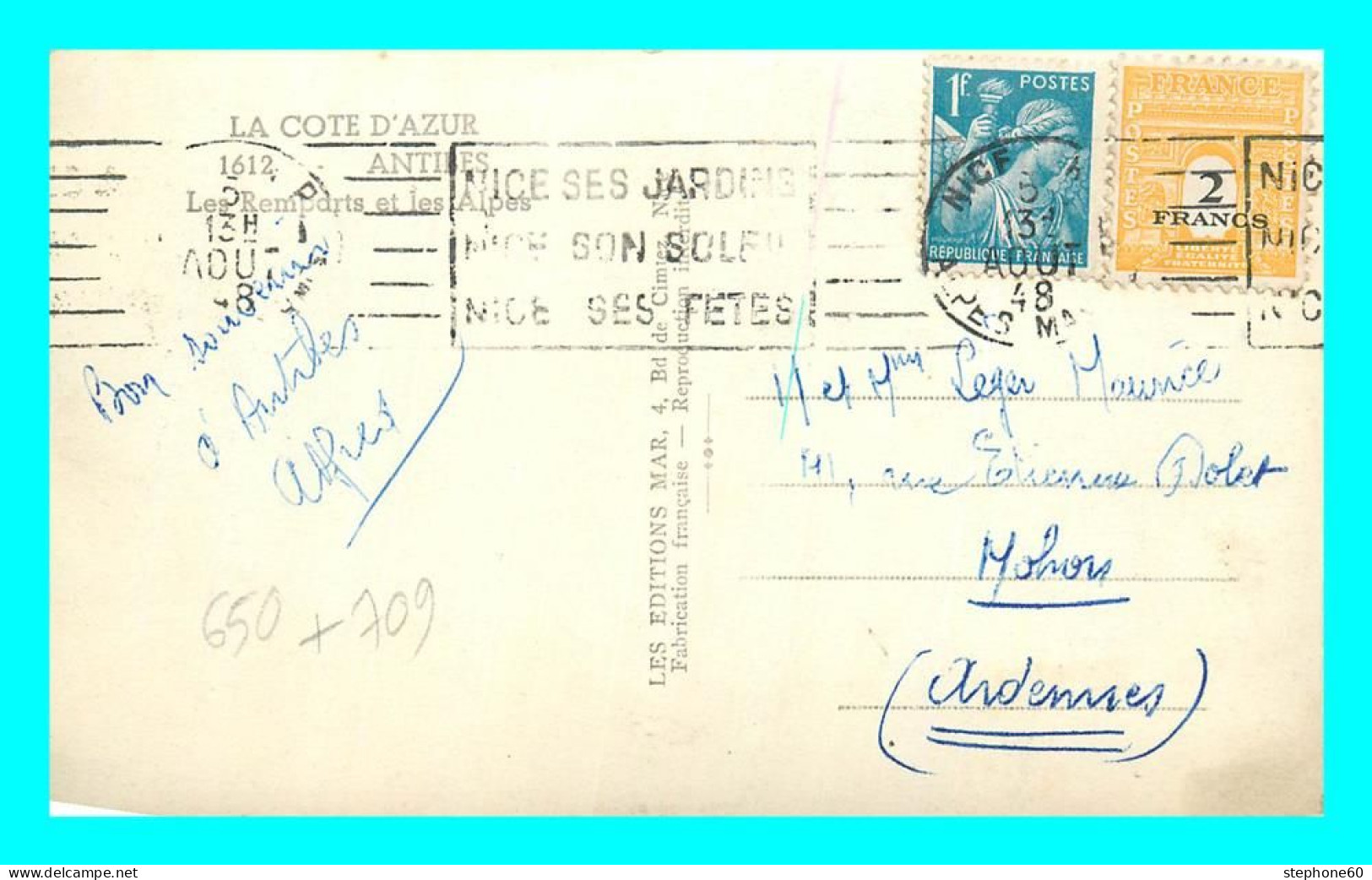 A866 / 347  Timbre N° 50 Et 709 Sur Lettre Au Dos Antibes - Storia Postale