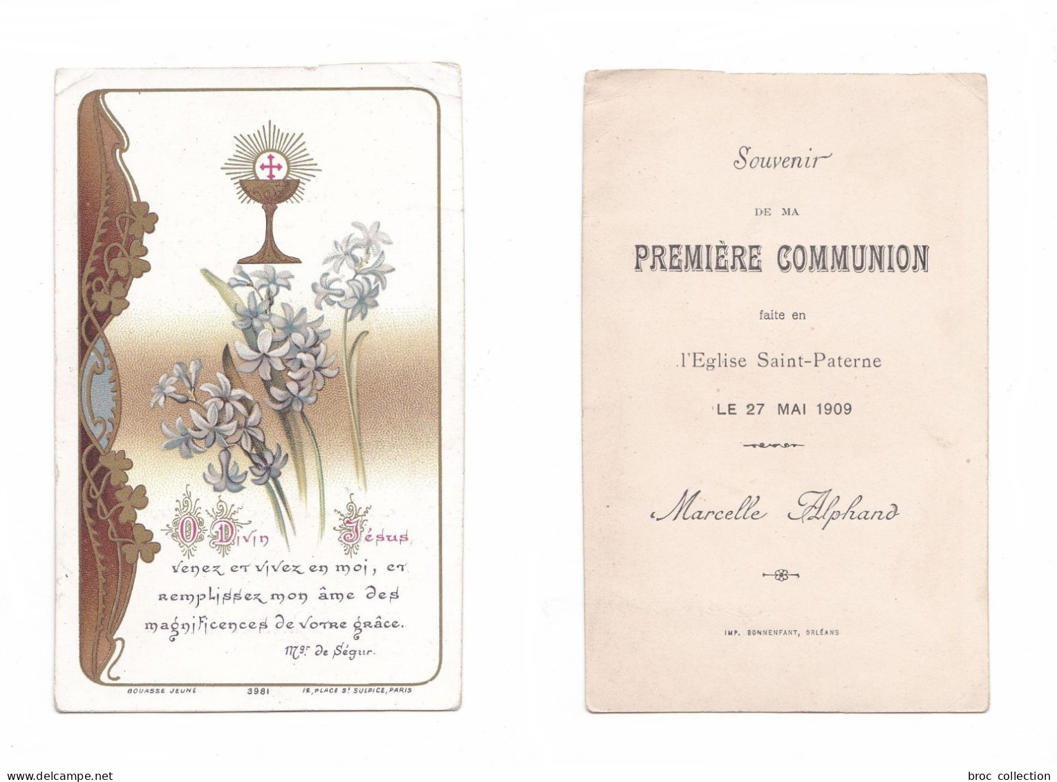 Orléans, 1re Communion De Marcelle Alphand, 1909, éd. Bouasse Jene 3981, Citation Mgr De Ségur - Devotion Images