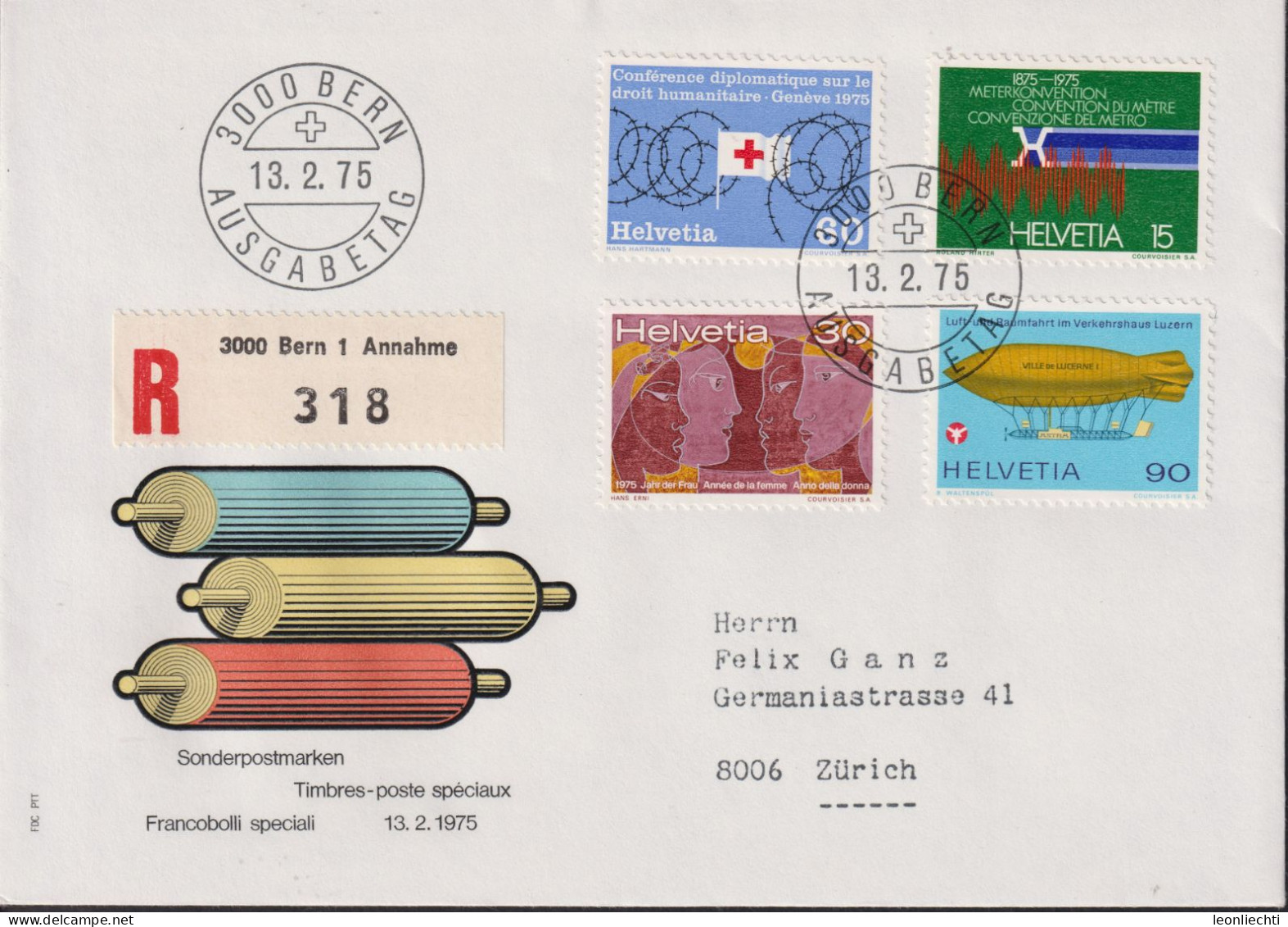 1975 Schweiz, FDC R-Brief, Zum:CH 561-564, Mi:CH: 1046-1049, Sonderpostmarken L - Storia Postale