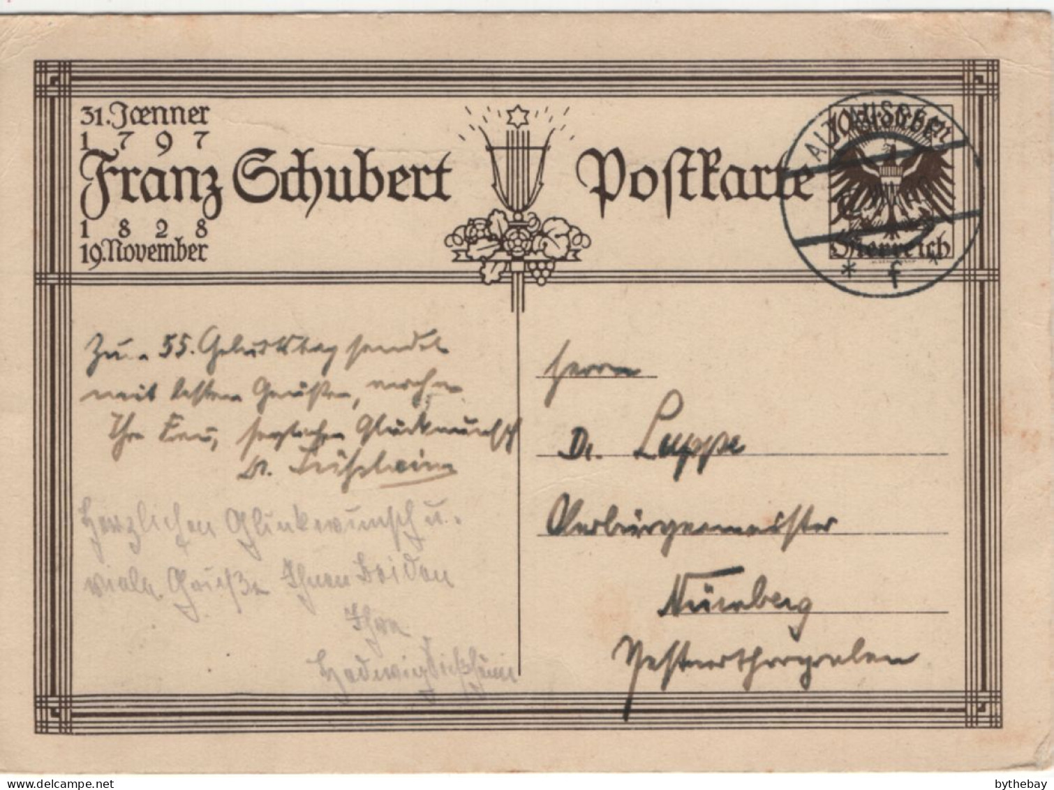 Austria 1928 Pre-stamped Postcard Used 10gr Arms Franz Schubert Postmark 1929 - Tarjetas