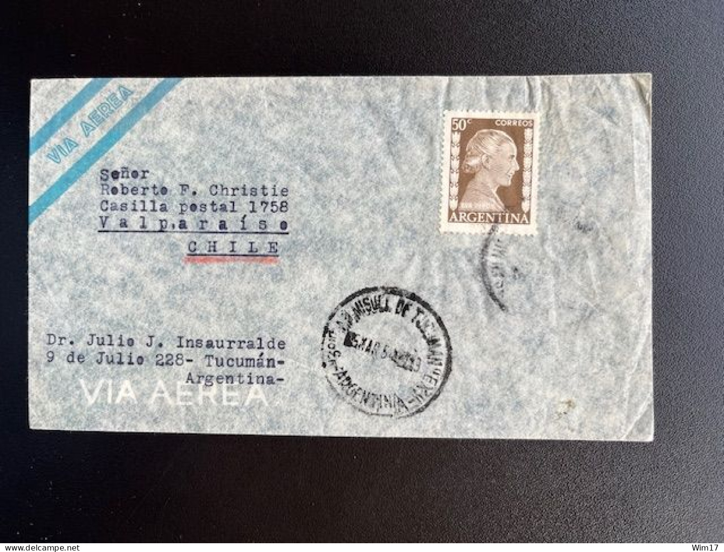 ARGENTINA 1954 AIR MAIL LETTER TUCUMAN TO VALPARAISO 05-03-1954 ARGENTINIE ARGENTINE - Storia Postale