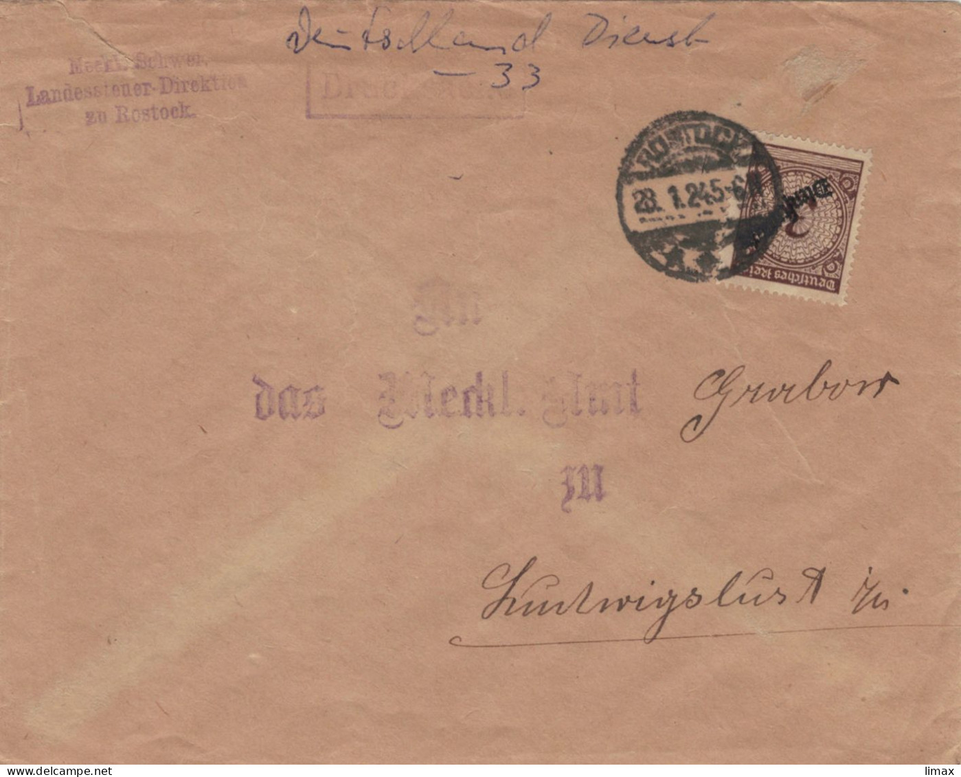 Dienst Mecklenburg Schwerin  Landessteuer Direktion 28.1.1924 > Grabow - Servizio