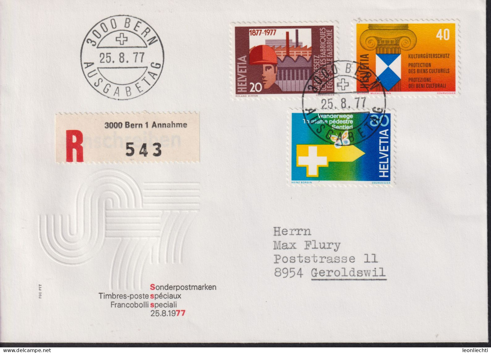 1977 Schweiz, FDC R-Brief, Zum:CH 591-593, Mi:CH: 1109-1111, Sonderpostmarken Ll - Briefe U. Dokumente