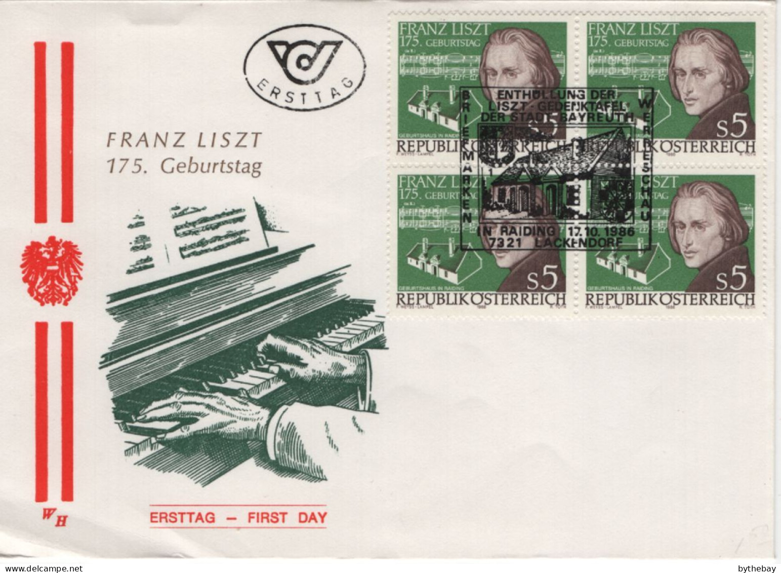 Austria 1986 FDC Sc 1371 5s Franz Liszt, Composer Block Of 4 Cancel - FDC