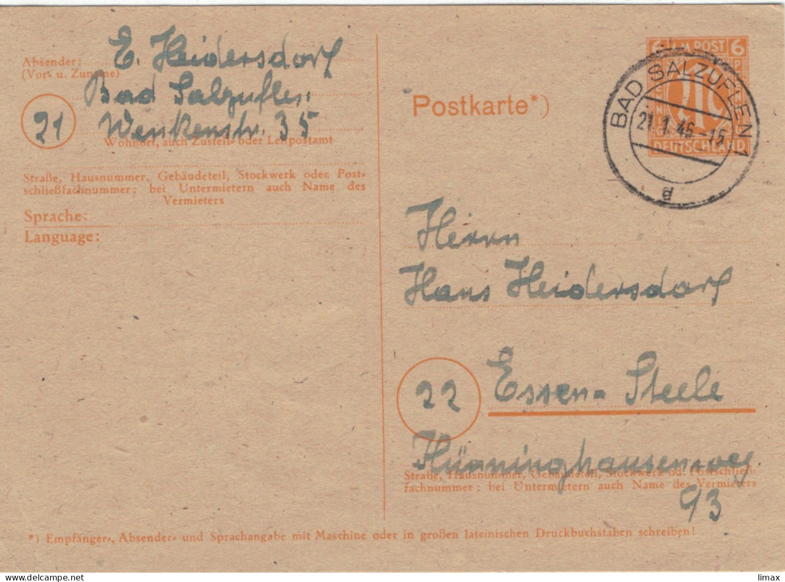 Ganzsache AM-Post 21.1.1946 Bad Salzuflen > Essen - Briefe U. Dokumente