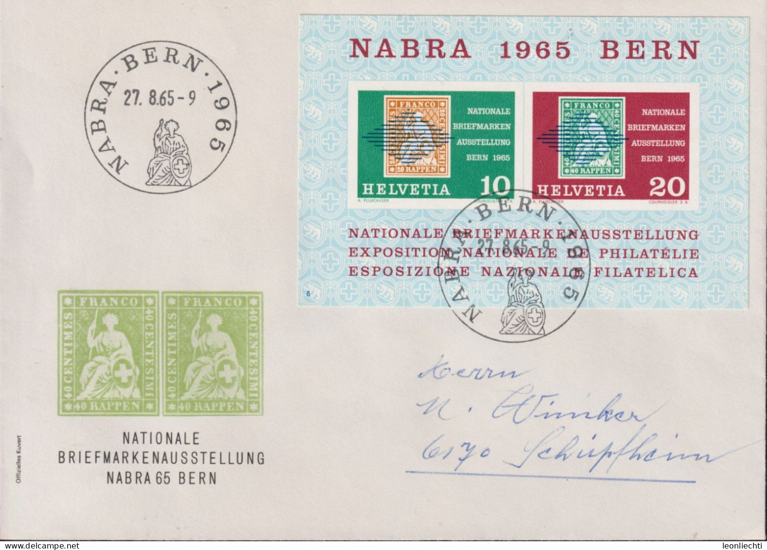 1965 Schweiz Brief, Zum:CH W43, Mi:CH: Bl.20, NATIONALE BRIEFMARKENAUSSTELLUNG NABRA 65 BERN - Brieven En Documenten