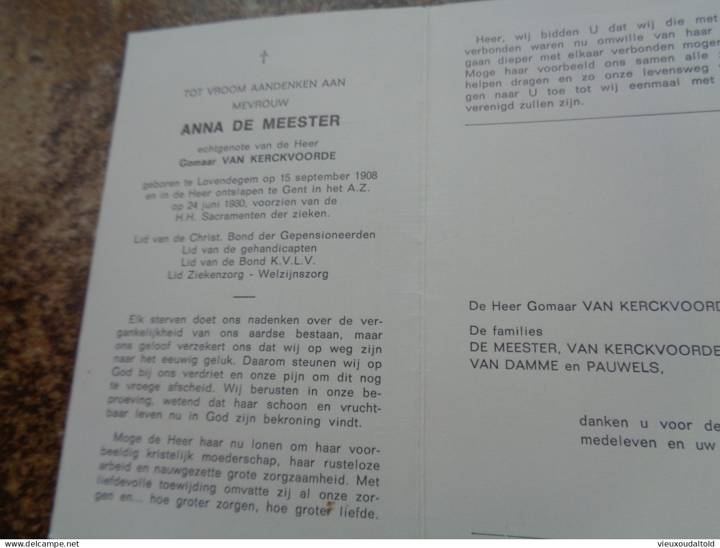 Doodsprentje/Bidprentje  ANNA DE MEESTER   Lovendegem 1908-1980 Gent  (Echtg Gomaar VAN KERCKVOORDE) - Religione & Esoterismo