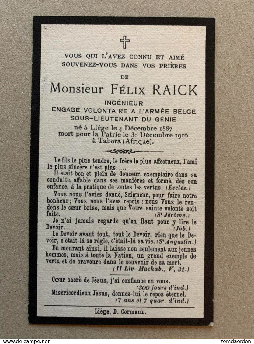 BP Felix Raick Sous-lieutenant Onderluitenant Genie Vrijwilliger Luik Liège 1887 - Tabora Afrika Afrique 1916 - Imágenes Religiosas