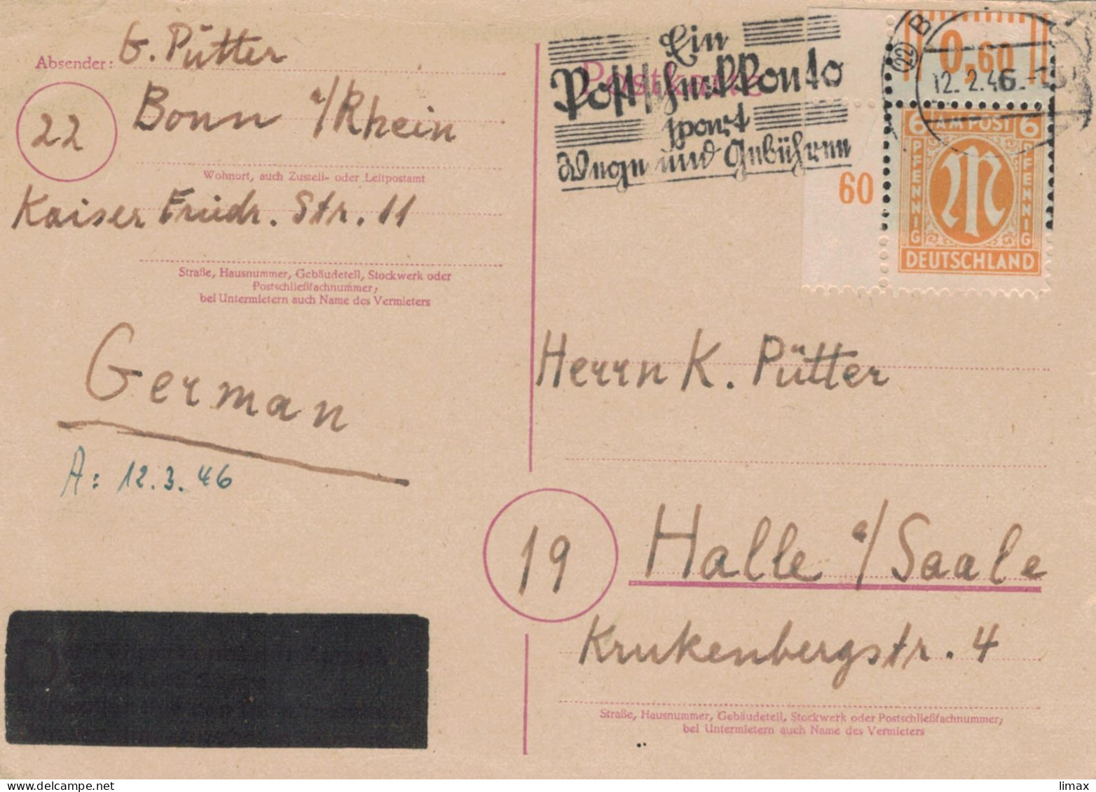 Ganzsache AM-Post 12.2.1946 Formularverwendung Hitler-Überdruck Bonn > Halle Saale  - Postscheckkonto - Covers & Documents