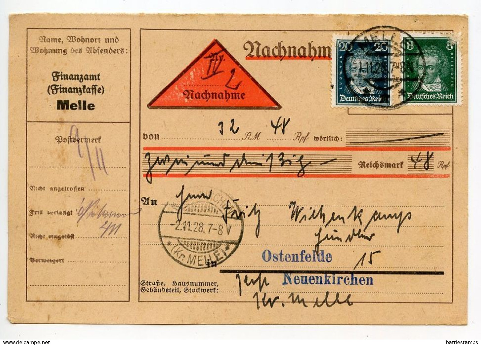 Germany 1928 Nachnahme Postcard; Melle - Finanzamt (Tax Office) To Ostenfelde, Neuenkirchen; 8pf. & 20pf. Beethoven - Brieven En Documenten
