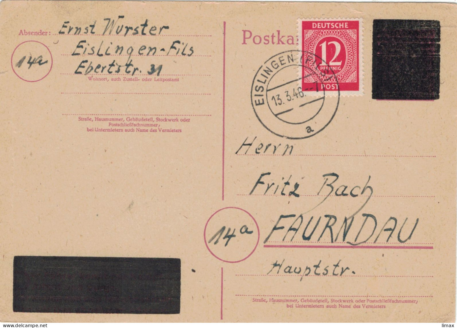 Ganzsache 13.3.1946 Formularverwendung Hitler-Überdruck Eislingen Fils > Faurndau - Postal  Stationery