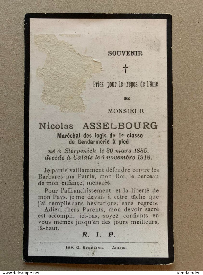 BP Nicolas Asselbourg Wachtmeester Marechal De Logis Gendarmerie Rijkswacht 1885 Sterpenich - Calais 1918 - Imágenes Religiosas