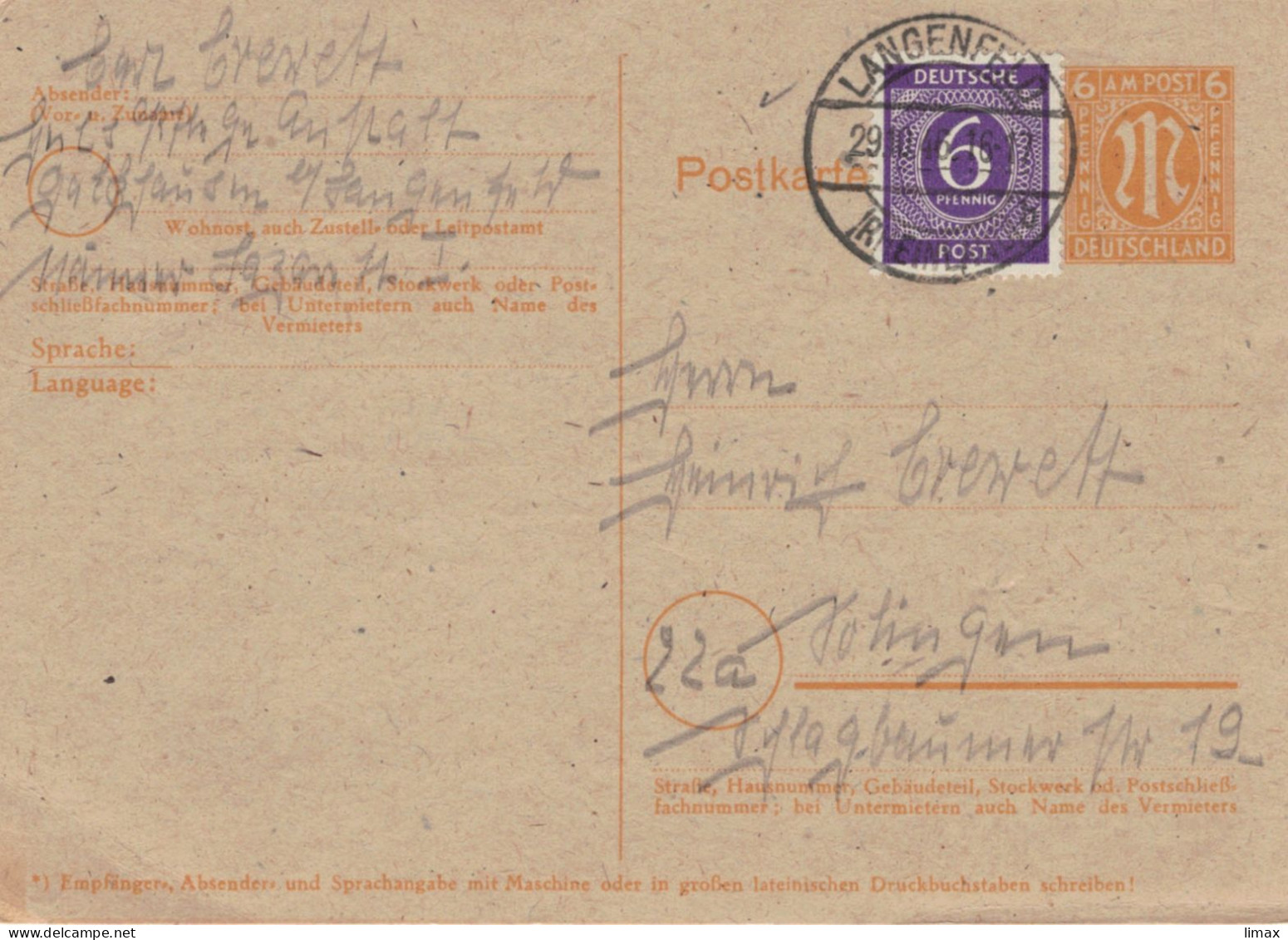 Ganzsache  Langenfeld 1946 6 Pf + 6 Pf Zufrankierung - Entiers Postaux