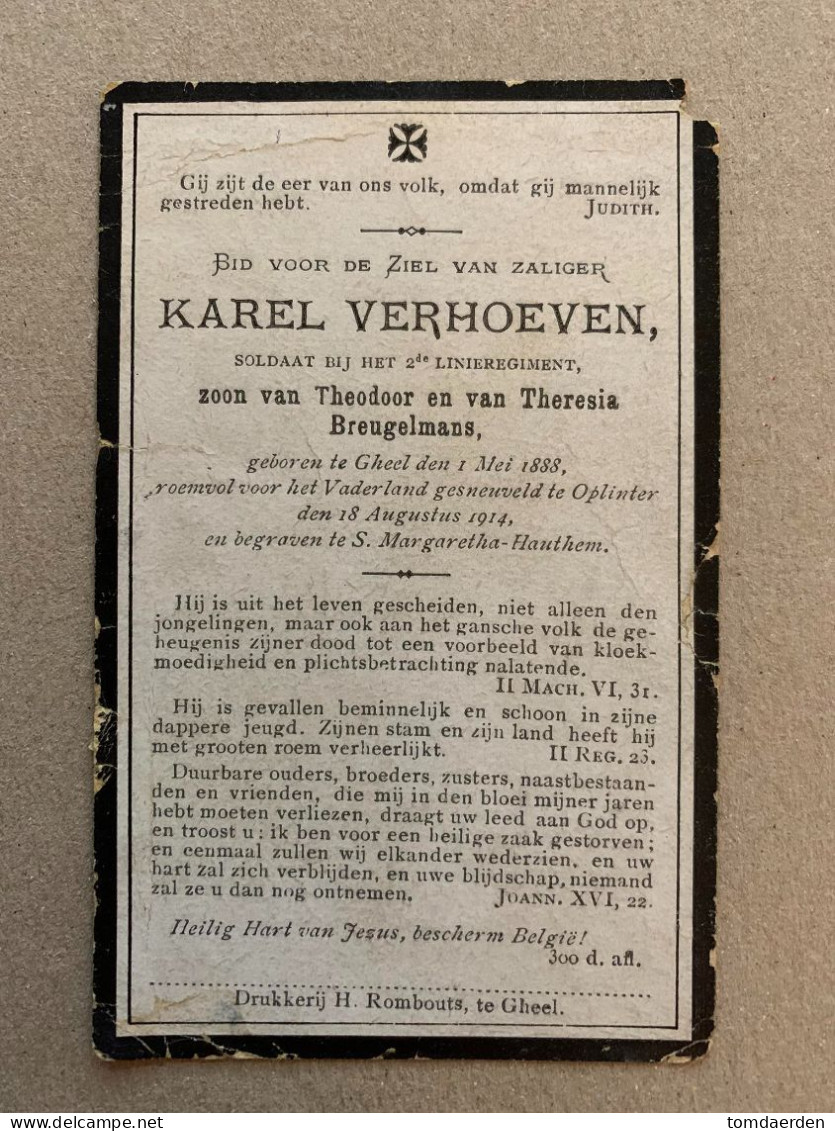 BP Karel Verhoeven 1888 Gheel Geel Soldaat 2de Linieregiment - Oplinter 1914  Gesneuveld Oorlogsslachtoffer WW1 14-18 - Imágenes Religiosas