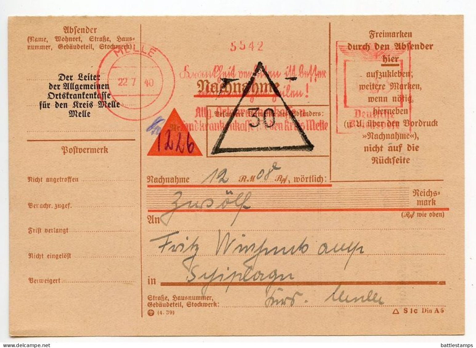 Germany 1940 Nachnahme Postcard; Melle - Allgemeine Ortskrankenkasse To Schiplage; 23pf. Meter With Slogan - Cartas & Documentos