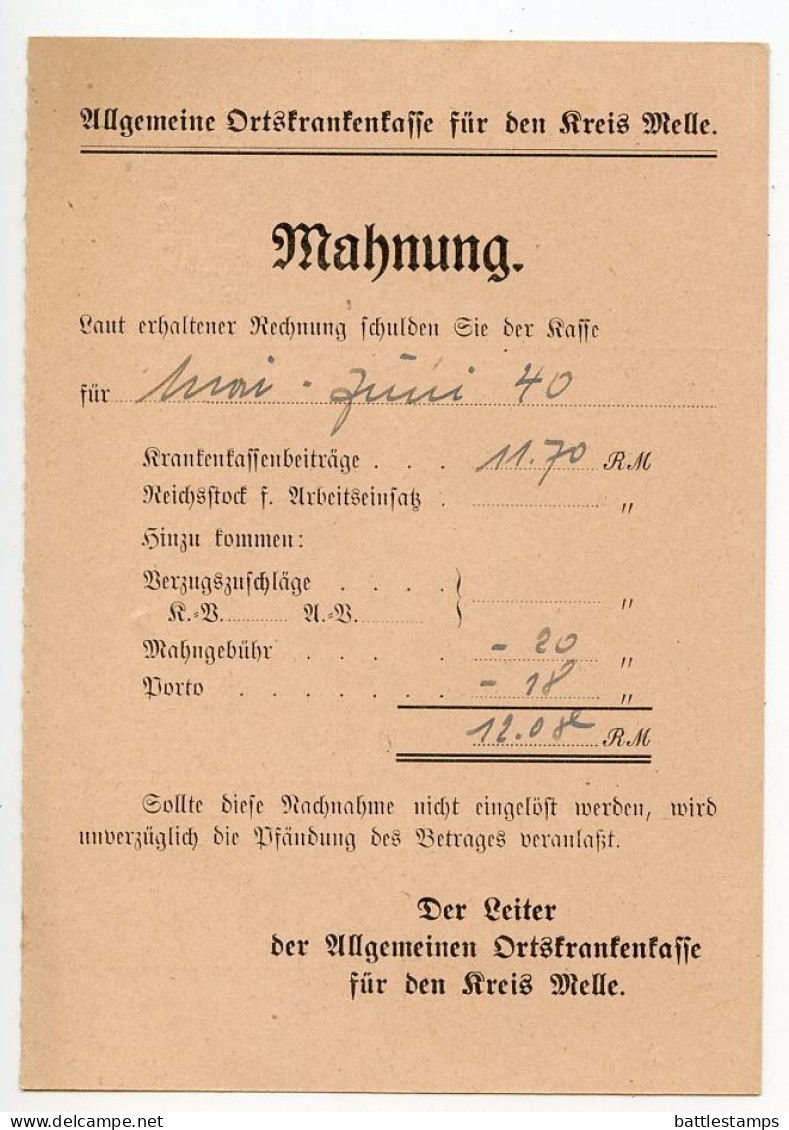 Germany 1940 Nachnahme Postcard; Melle - Allgemeine Ortskrankenkasse To Schiplage; 23pf. Meter With Slogan - Cartas & Documentos