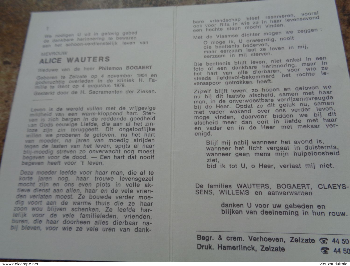 Doodsprentje/Bidprentje  ALICE WAUTERS   Zelzate 1904-1979 Gent  (Wwe Philemon BOGAERT) - Religión & Esoterismo