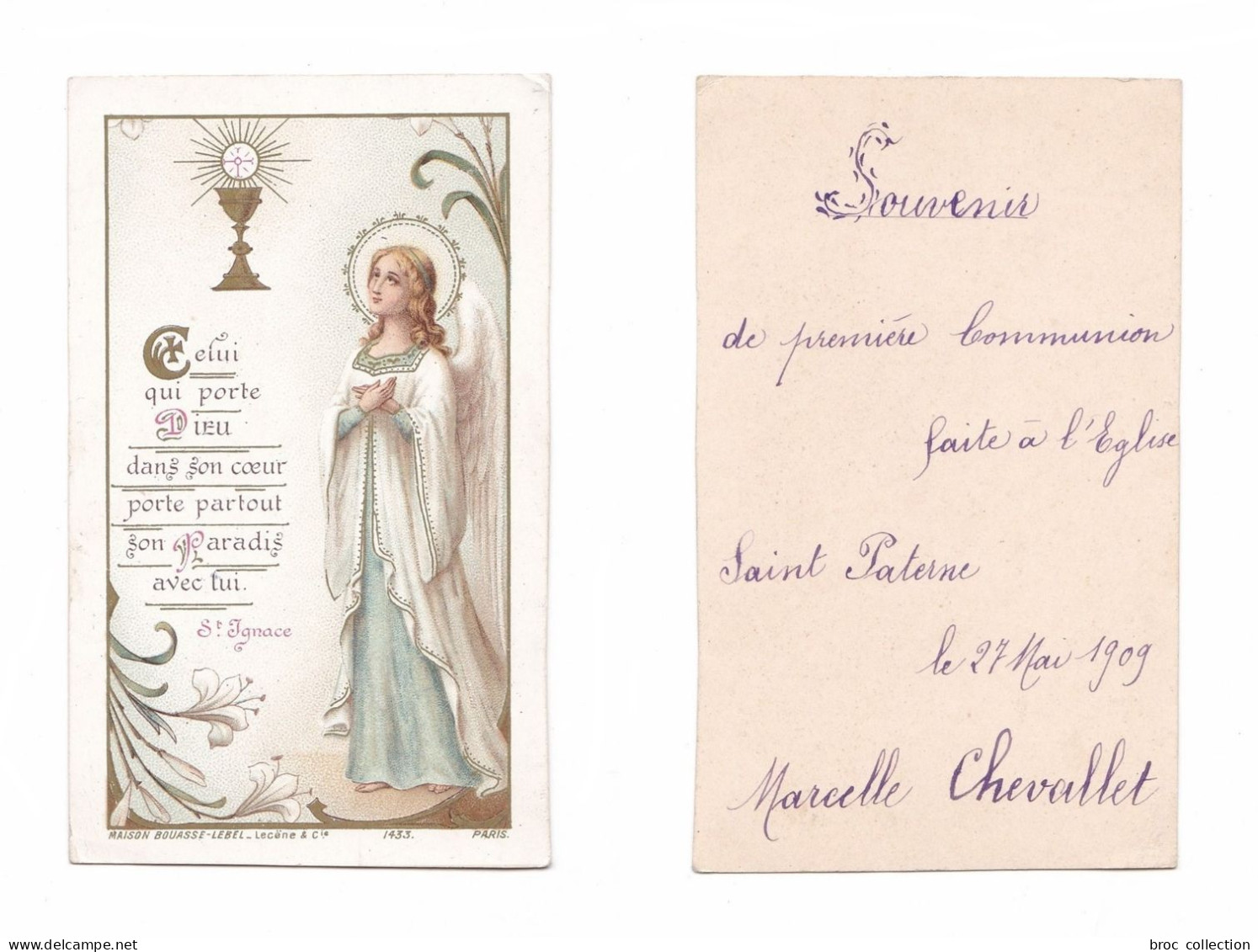 Orléans, 1re Communion De Marcelle Chevallet, 1909, Ange, Cit. Saint Ignace, Bouasse-Lebel - Lecène & Cie 1433 - Andachtsbilder