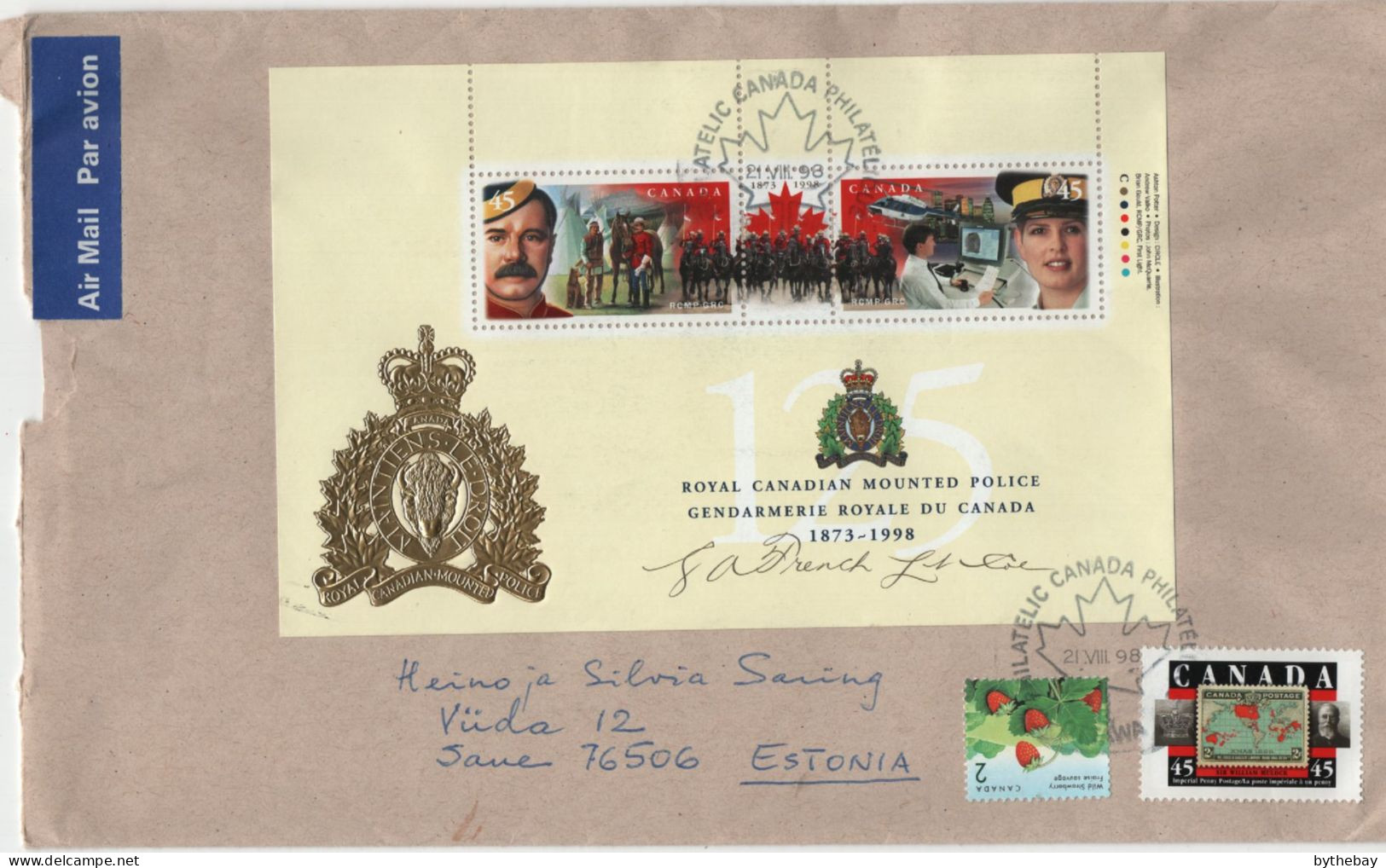 Canada 1998 Cover To Estonia Sc 1737c 90c RCMP Souvenir Sheet - Cartas & Documentos