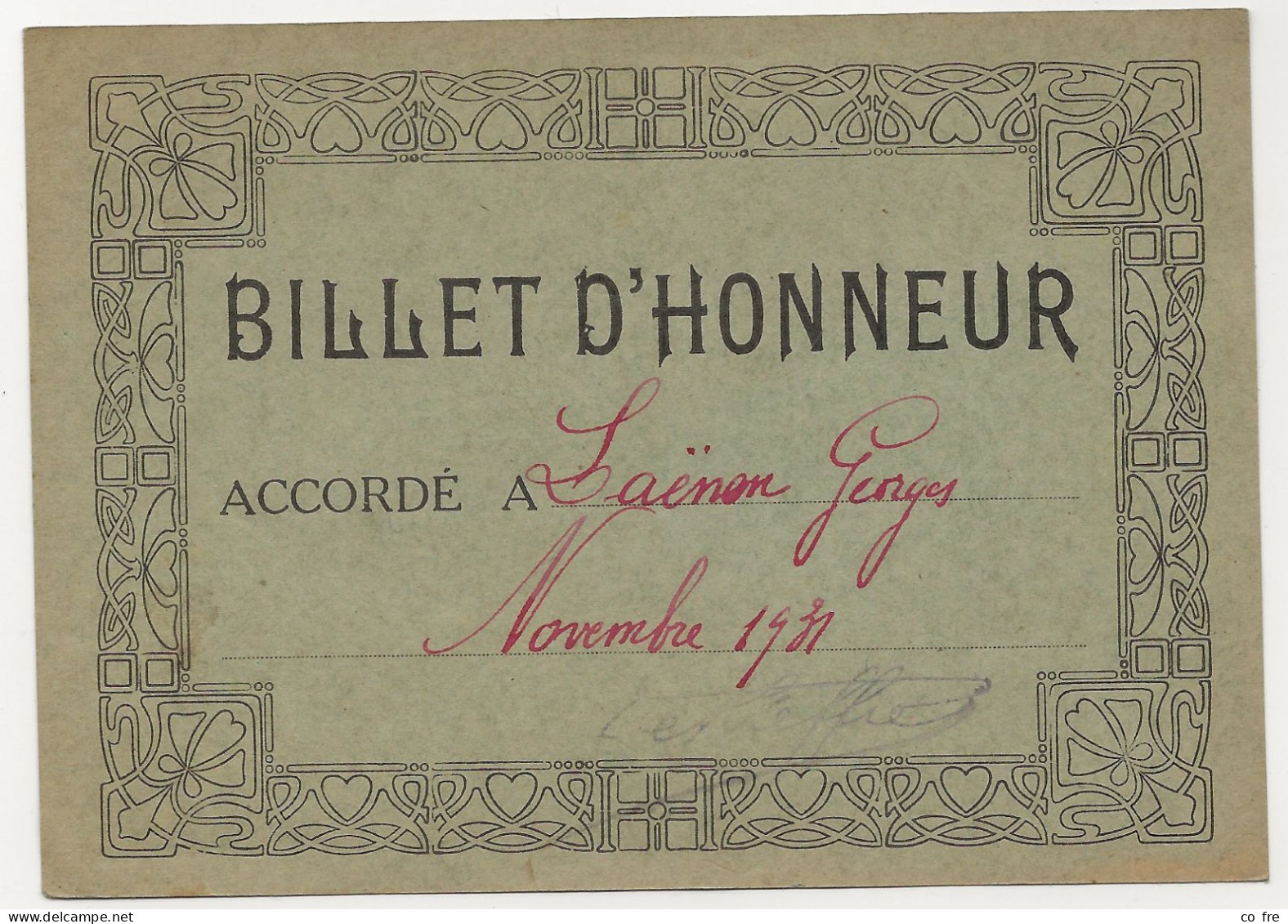 Billet D'honneur De 1931 Pour G. Laenens - Diplômes & Bulletins Scolaires