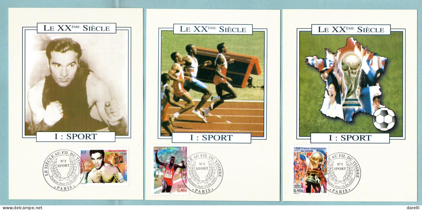 Carte Maximum 2000 - Le Timbre Au Fil Du Siècle - Sport : Cerdan, Carl Lewis, Football 98, Lindbergh, Kelly - YT 3312/16 - 2000-2009