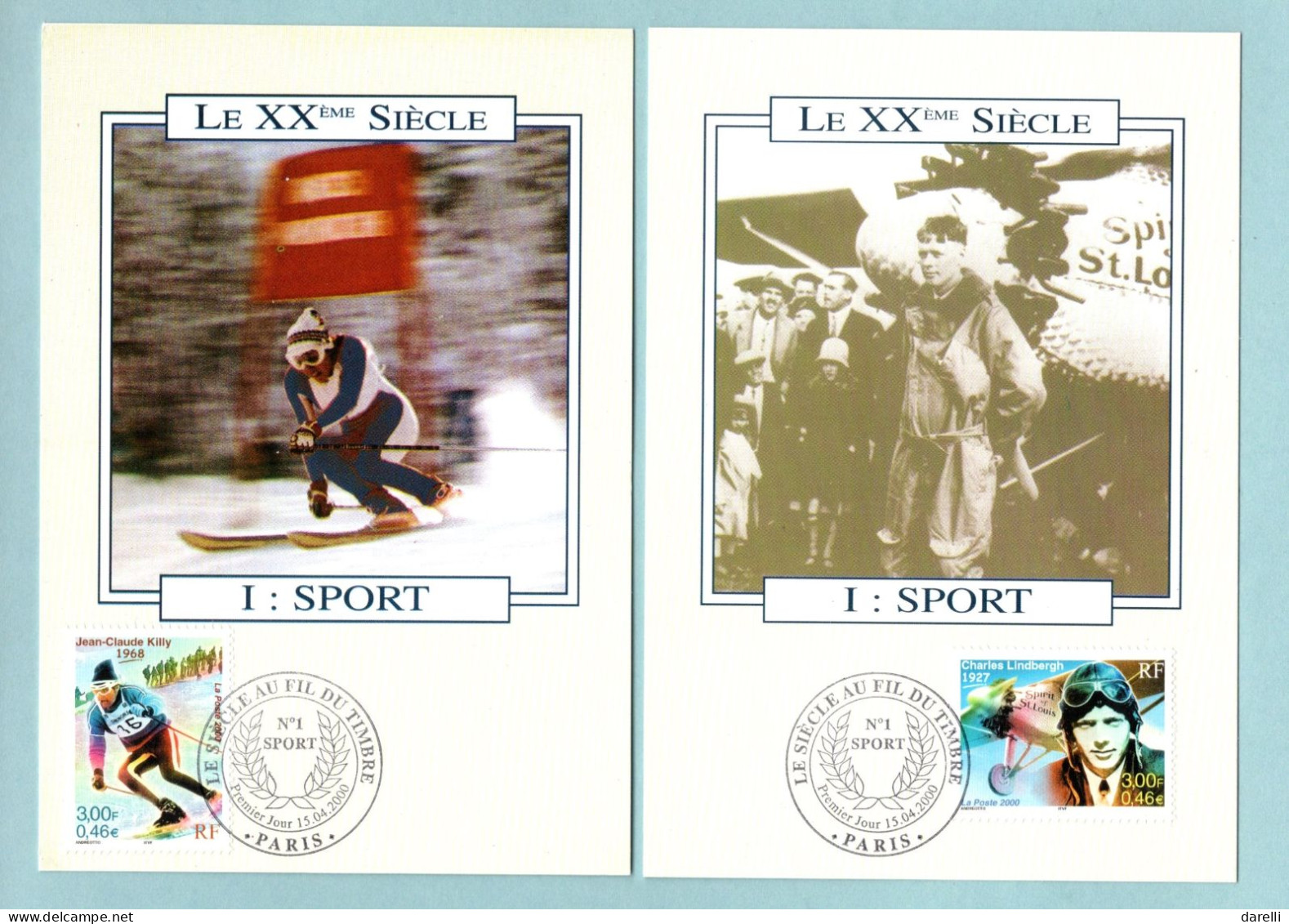 Carte Maximum 2000 - Le Timbre Au Fil Du Siècle - Sport : Cerdan, Carl Lewis, Football 98, Lindbergh, Kelly - YT 3312/16 - 2000-2009