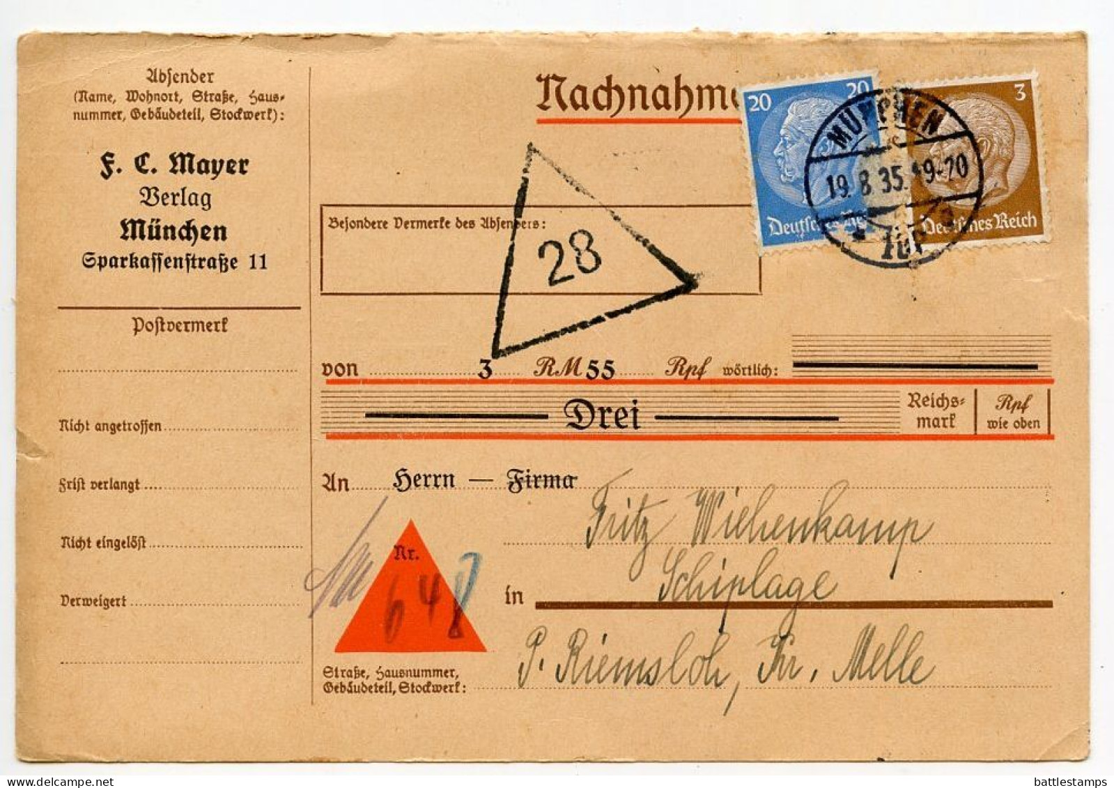 Germany 1935 Nachnahme Postcard; München - F.C. Mayer, „Der Deutsche Pelztierzüchter"; 20pf. & 3pf. Hindenburg - Cartas & Documentos