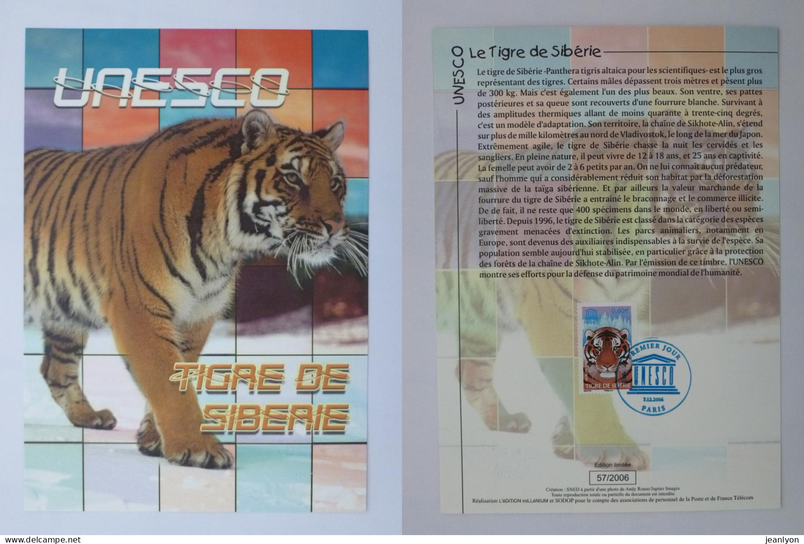 TIGRE De Sibérie - Document Philatélique Avec Timbre Unesco Et Cachet 1er Jour - Other & Unclassified