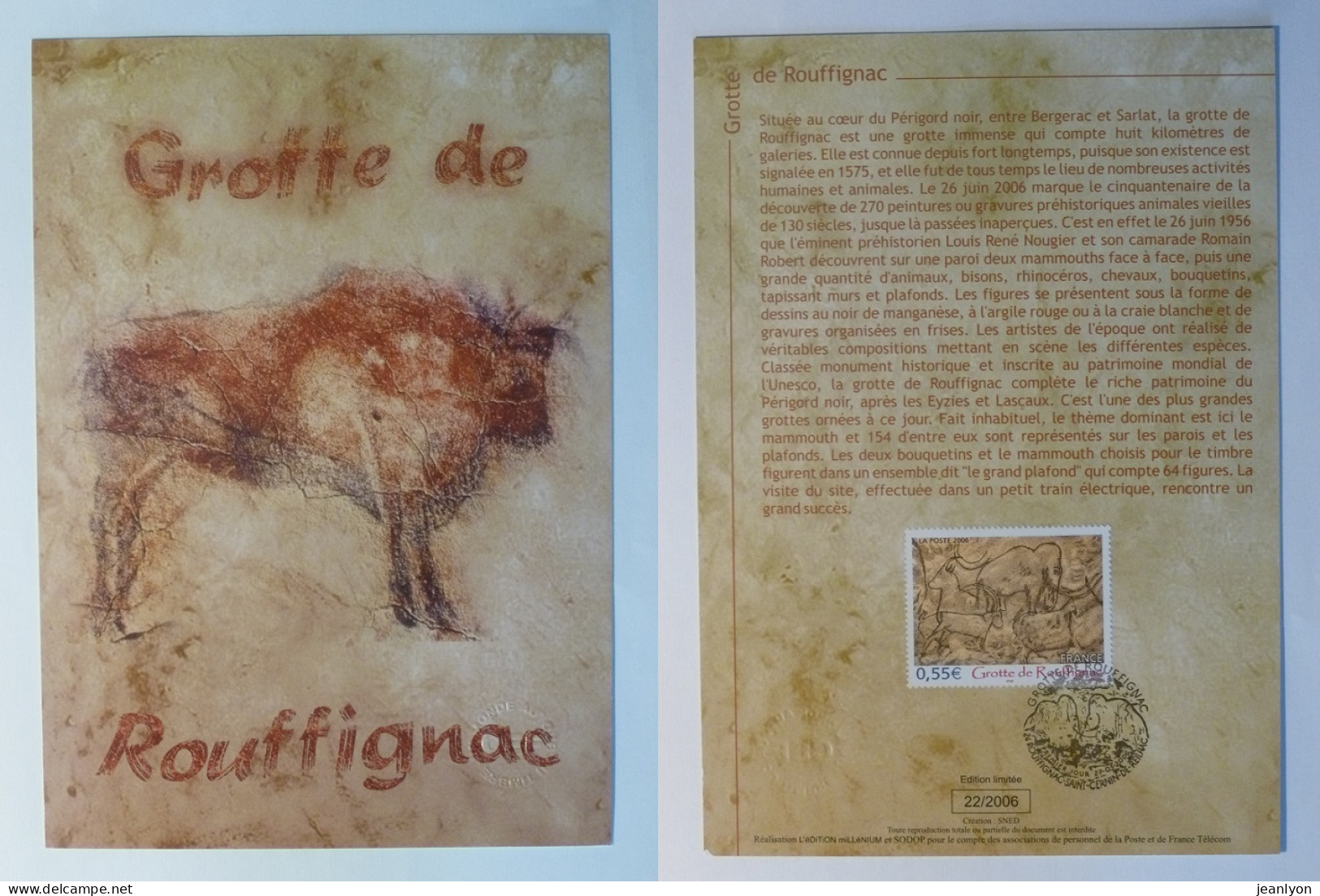 GROTTE DE ROUFFIGNAC - Peinture Préhistorique Animale - MAMMOUTH - Document Philatélique Avec Timbre Et Cachet 1er Jour - Other & Unclassified