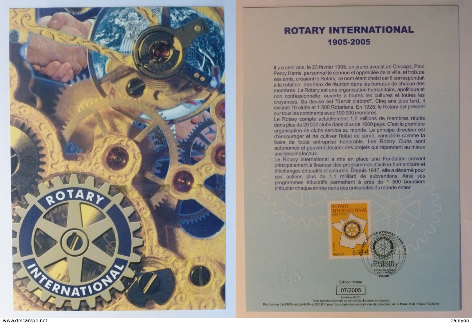 ROTARY INTERNATIONAL - Centenaire - Document Philatélique Avec Timbre Et Cachet 1er Jour - Rotary Club
