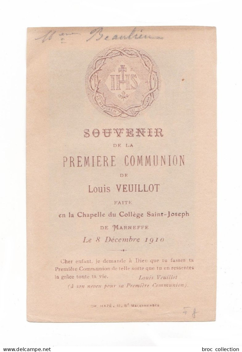 Marneffe, 1re Communion De Louis Veuillot, 1910, Collège Saint-Joseph, Mot De Son Oncle Louis - Devotion Images