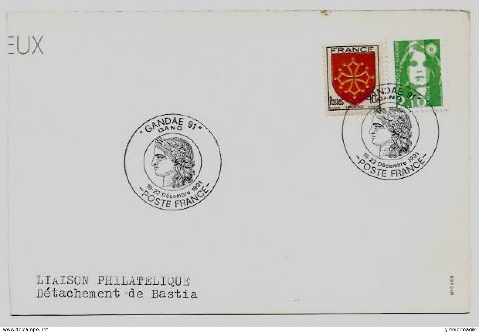N°2622 + 603 Cachet Temporaire Gandae 1991 Gand Poste France - Liaison Philatélique Bastia - Briat Et Blason Languedoc - Temporary Postmarks