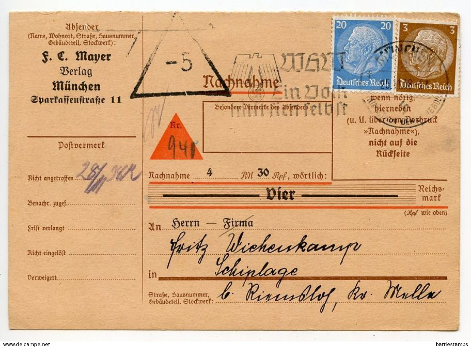 Germany 1938 Nachnahme Postcard; München - F.C. Mayer; 20pf. & 3pf. Hindenburg; WHW Slogan Cancel - Cartas & Documentos