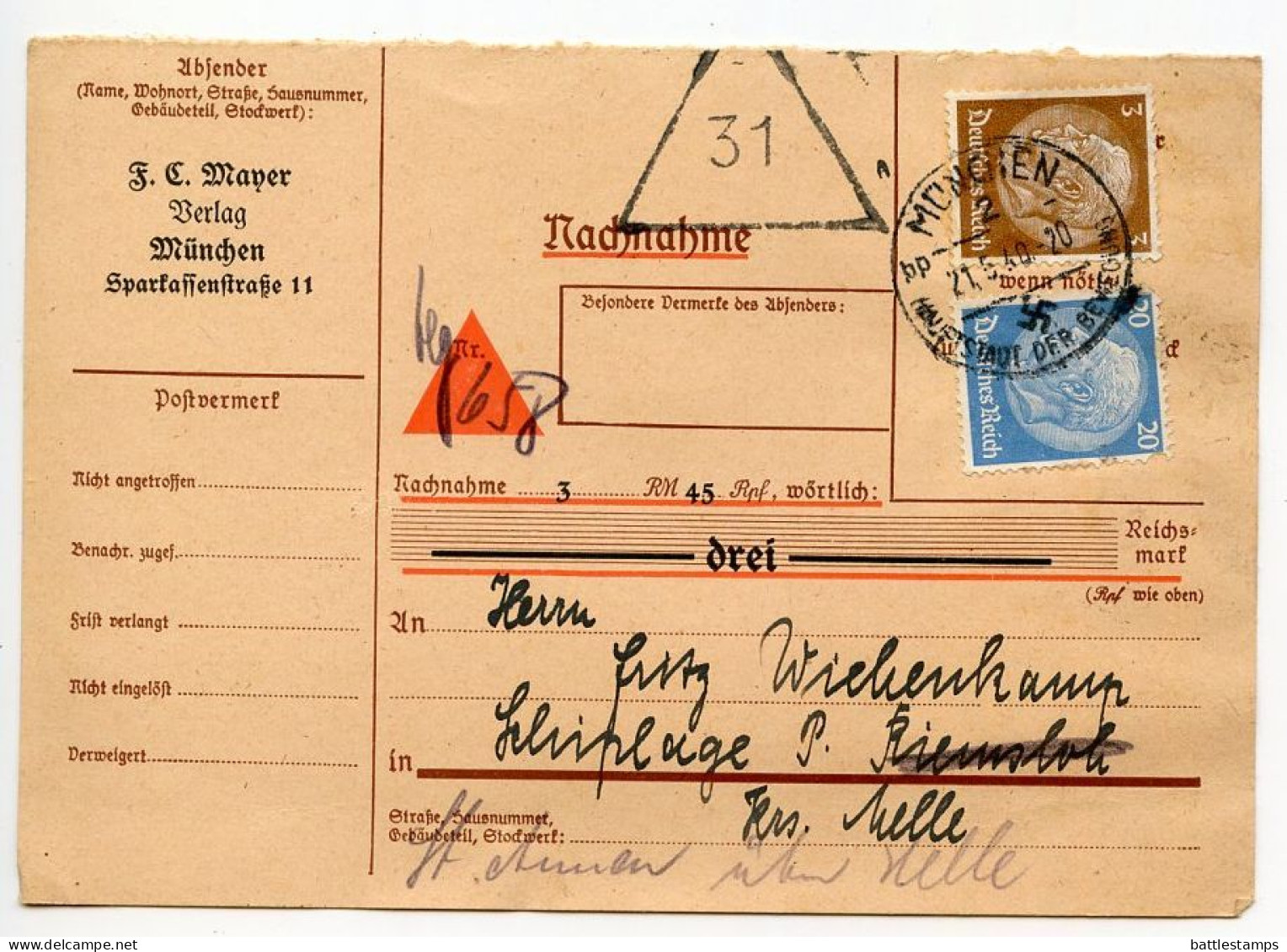 Germany 1940 Nachnahme Postcard; München - F.C. Mayer, „Der Deutsche Pelztierzüchter"; 20pf. & 3pf. Hindenburg - Cartas & Documentos