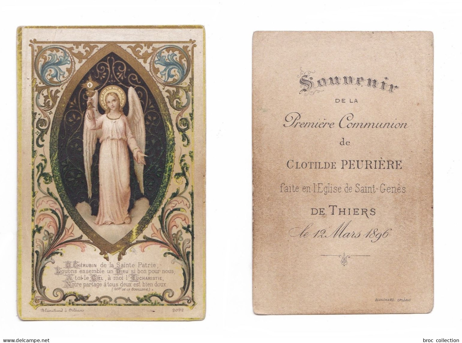 Thiers, 1re Communion De Clotilde Peurière, 1896, église De Saint-Genès, Ange, Cit. Mgr De La Bouillerie, Blanchard 2092 - Andachtsbilder