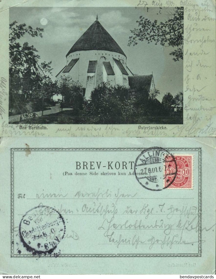 Denmark, BORNHOLM, Østerjarskirke, Church (1901) Moonlight Postcard - Danemark