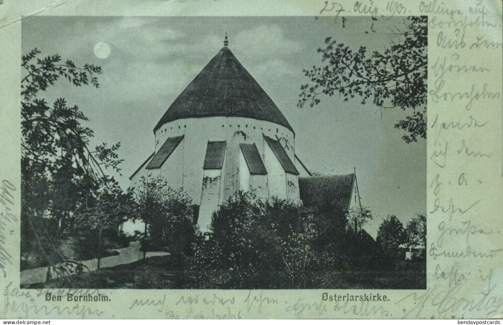 Denmark, BORNHOLM, Østerjarskirke, Church (1901) Moonlight Postcard - Denmark