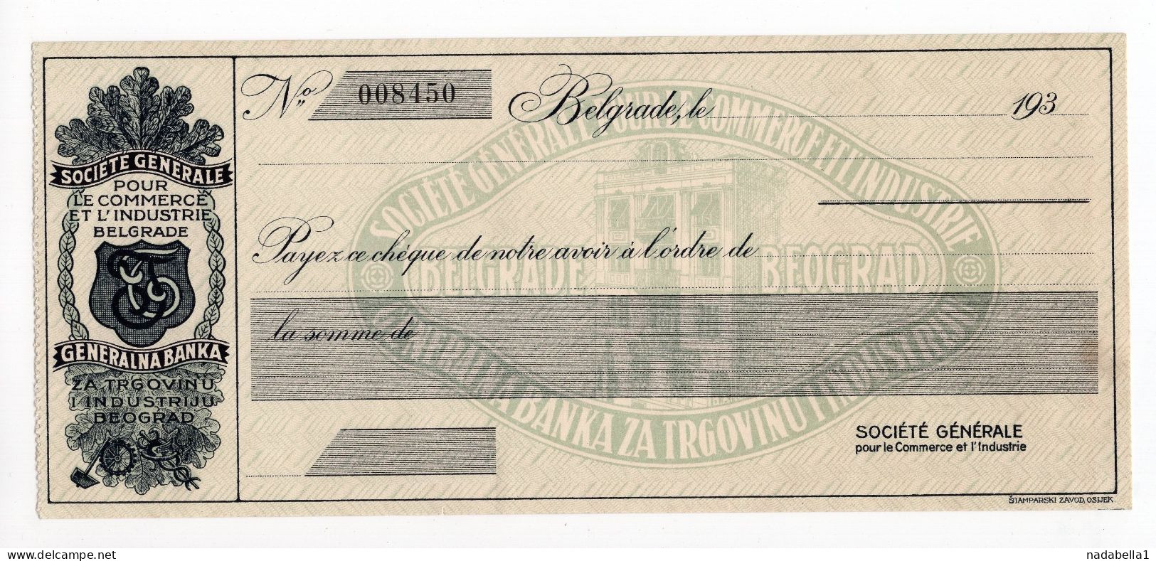 1930s  KINGDOM OF YUGOSLAVIA,SERBIA,BELGRADE,SOCIETE GENERALE,FOR COMMERCE & INDUSTRY BANK - Cheques & Traveler's Cheques