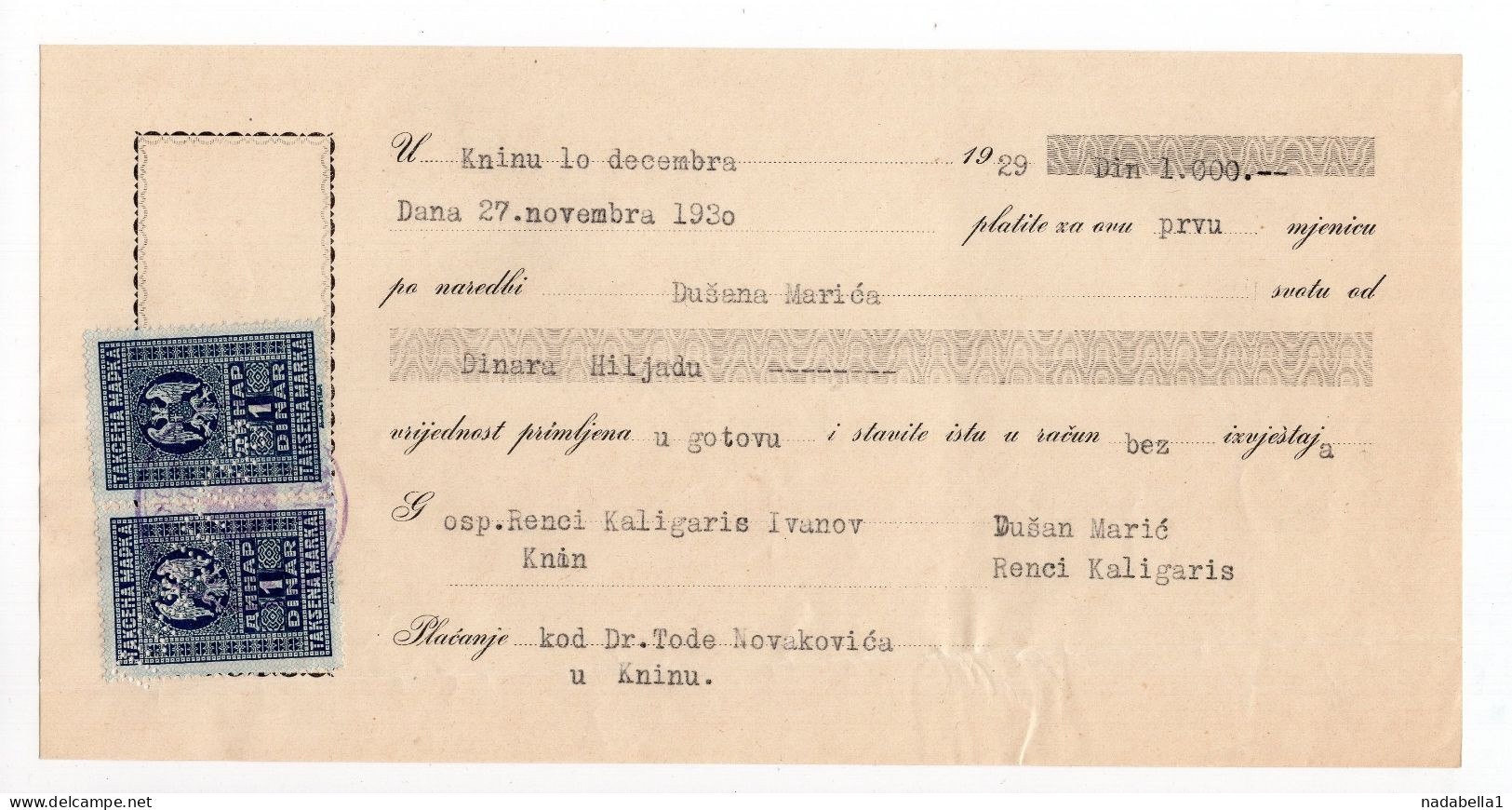 1929.  KINGDOM OF SHS,CROATIA,KNIN,BILL OF EXCHANGE,2 REVENUE STAMPS - Cheques En Traveller's Cheques